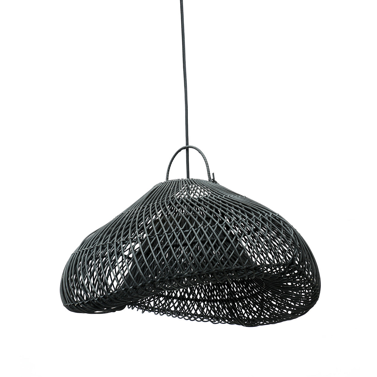 Lampada a sospensione Cloud Rattan M, nera, 60 cm, in stile boho, intrecciata a mano, per cameretta dei bambini