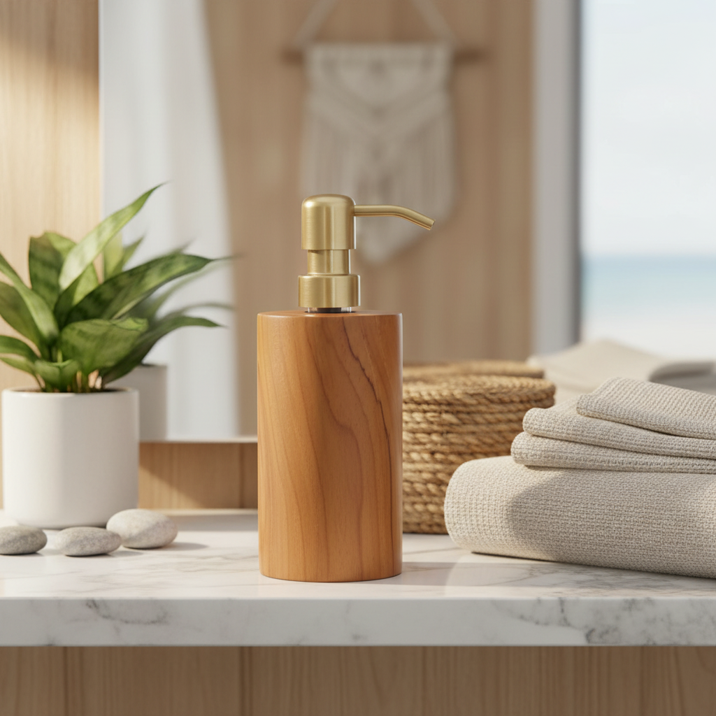Wooden Soap Dispenser Teak Natural Handmade Bathroom Kitchen Pump Bottle
