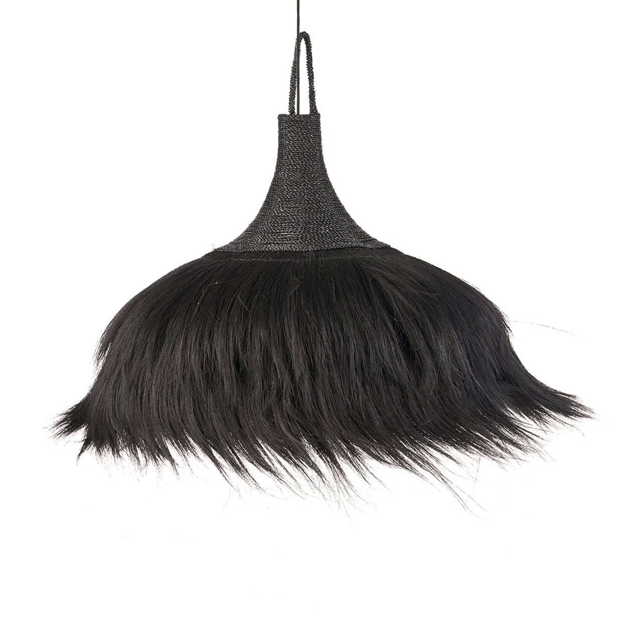 Suspension Makiki en herbe de Mendong tissée à la main XL noire, luminaire emblématique pour club de plage.