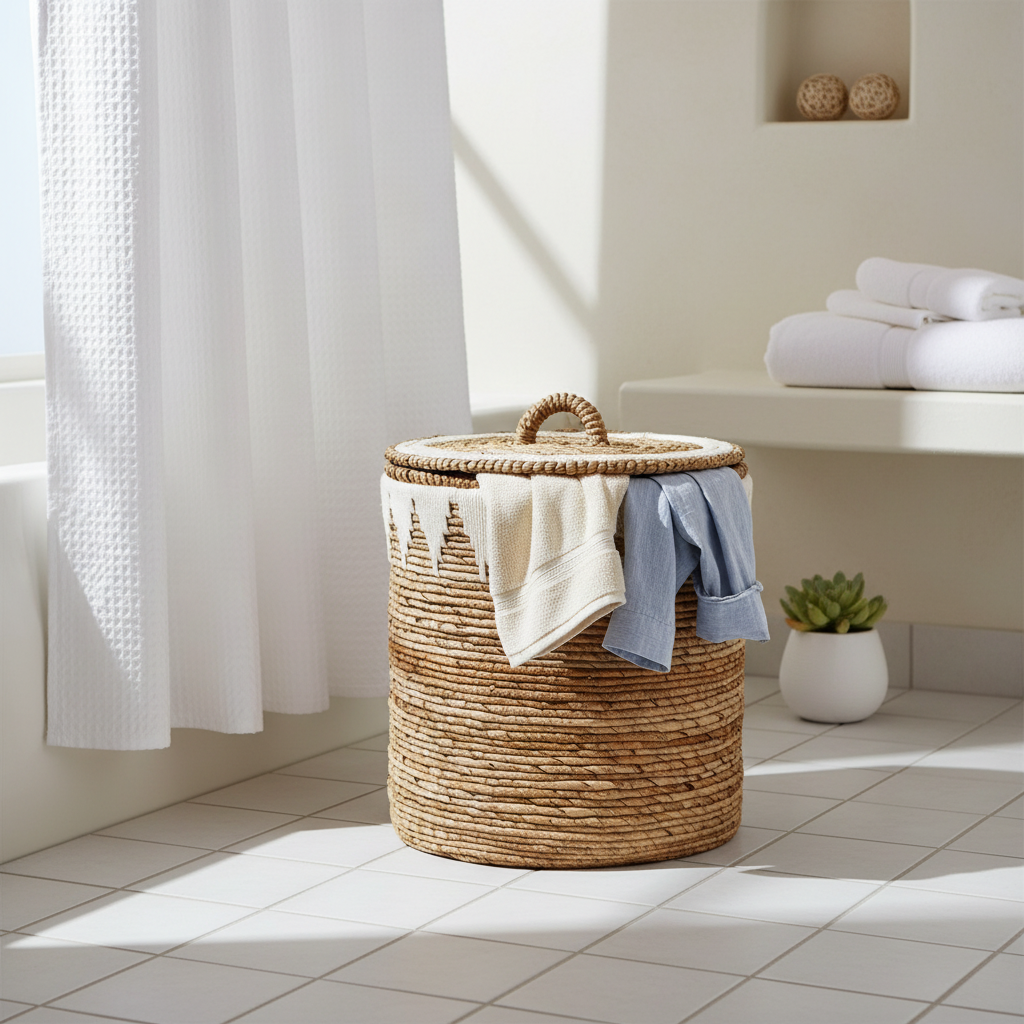 Banana Leaf Laundry Basket L White Stitched Handwoven Storage Natural Lid