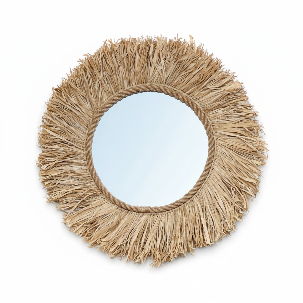 Haïti Handwoven Raffia Mirror Natural Ø60cm Round Boho Wall Decor Coastal Artisan-Made